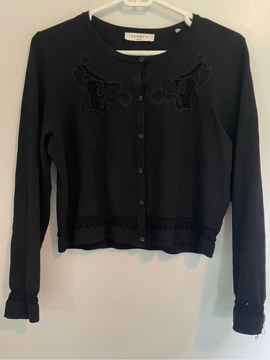 Sandro Sweaters - Sandro Black Embroidered Lace-Trim Cardigan